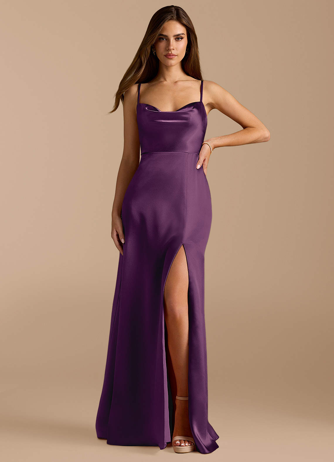 Azazie Erma Bridesmaid Dresses Plum A-Line Side Slit Metallic Satin Dress image1