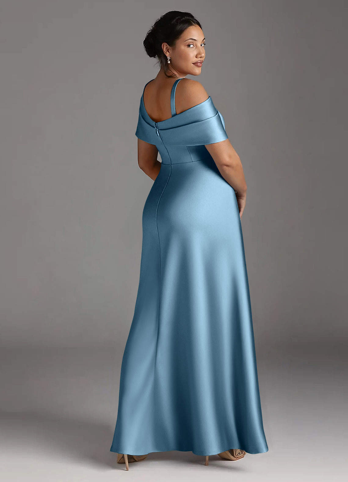 Azazie Milton Mother of the Bride Dresses Steel Blue A-Line Pleated Stretch Satin Dress image11