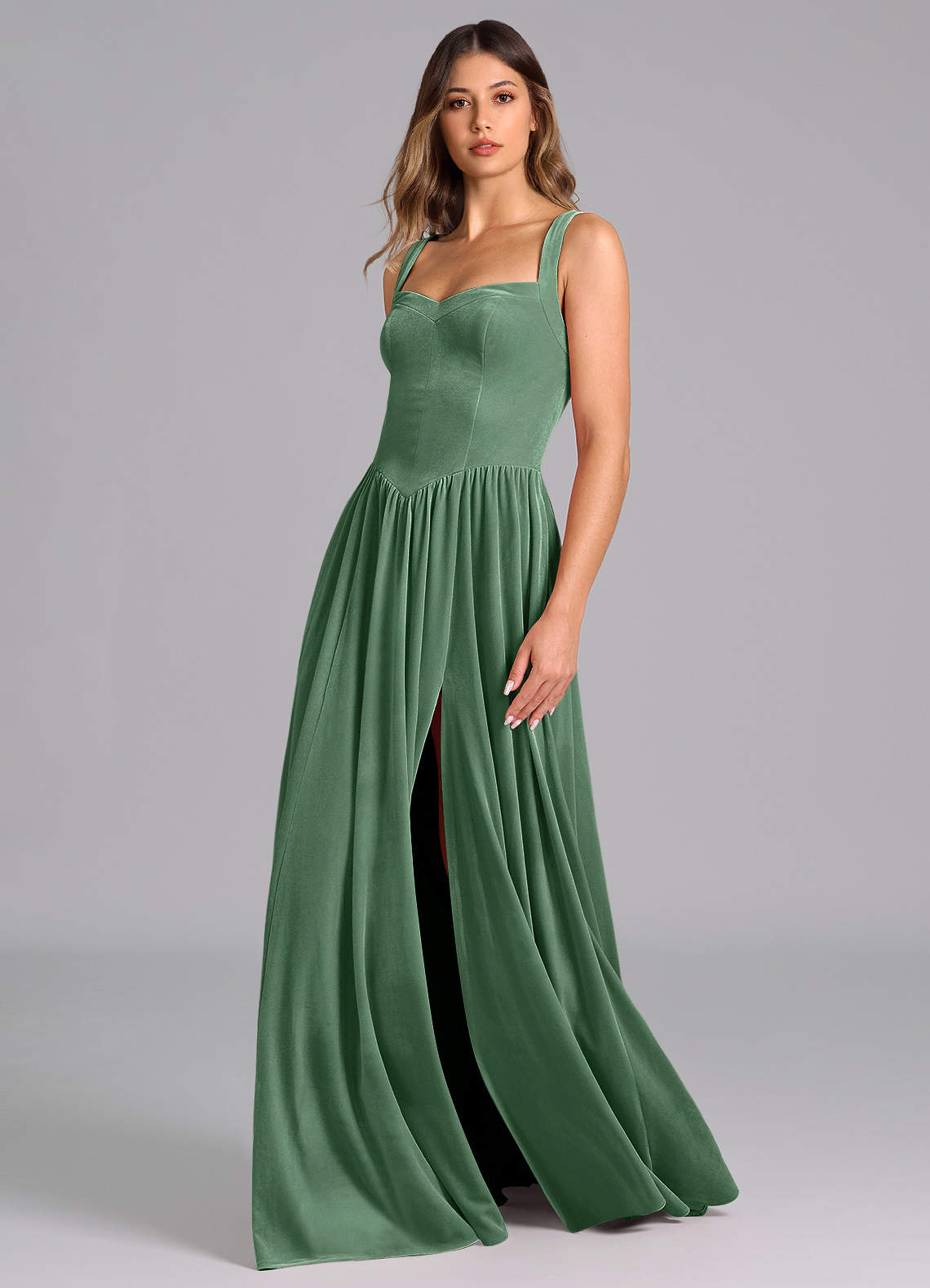 Azazie Francis Robes de demoiselle d'honneur Robe Trapèze en velours Corset Eucalyptus image6