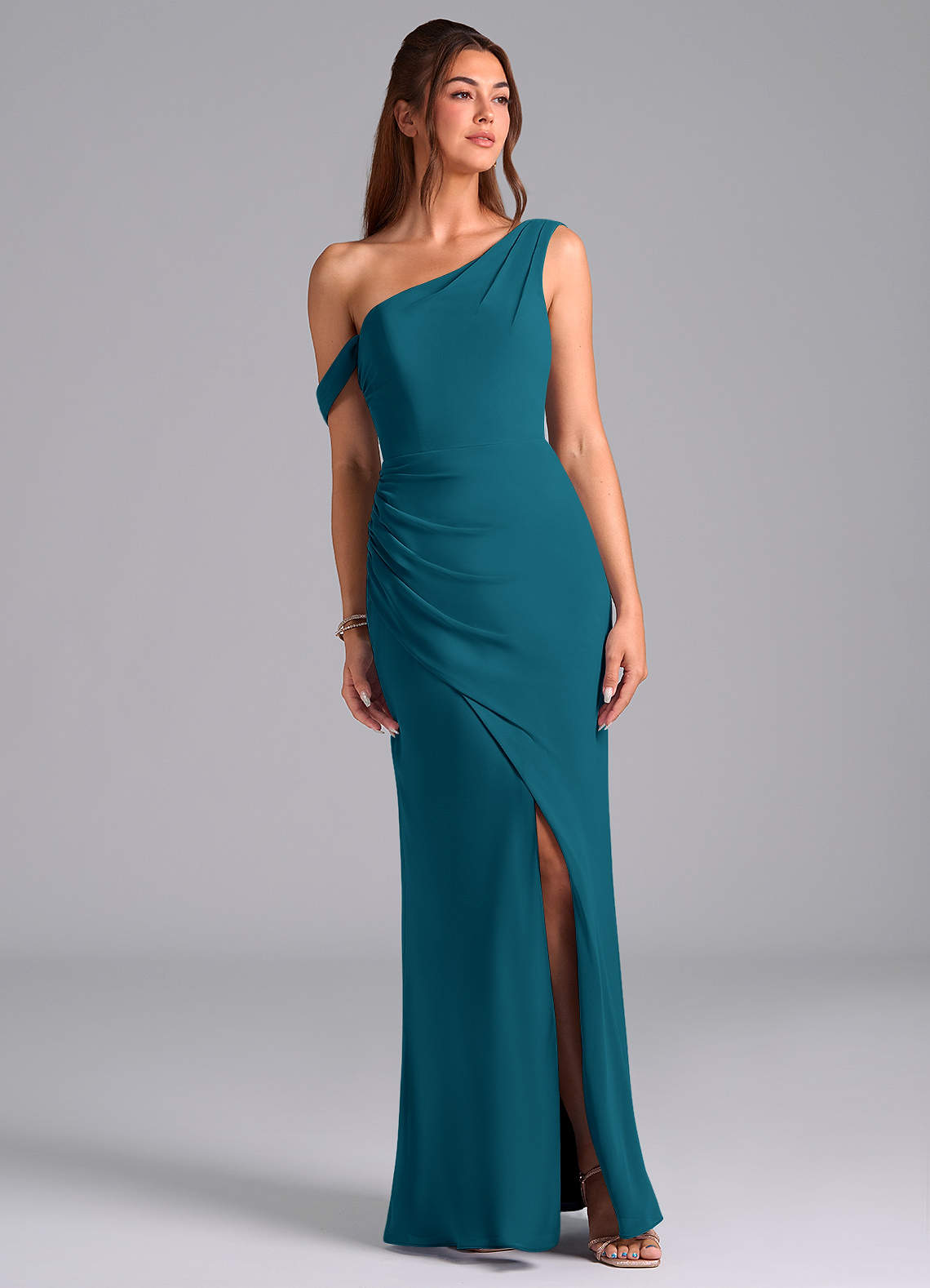 Azazie Madelyn Bridesmaid Dresses Ink Blue Mermaid Off the Shoulder Chiffon Convertible Dress image1