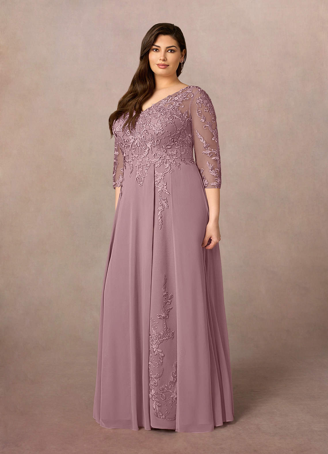 Azazie Noella vestidos de madre de la novia Vestido de Rosa Polvorienta de Gasa de Corte en A con Encaje cuello pico image9