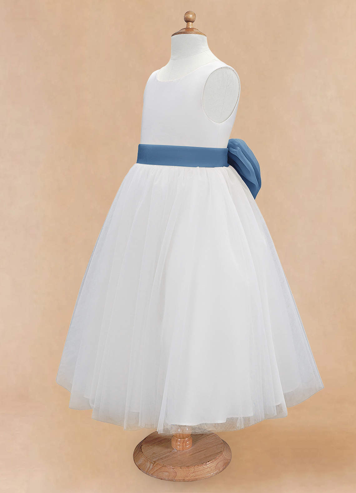 Azazie Kavi Flower Girl Dresses Ivory Steel Blue A-Line Bow Matte Satin Dress image8