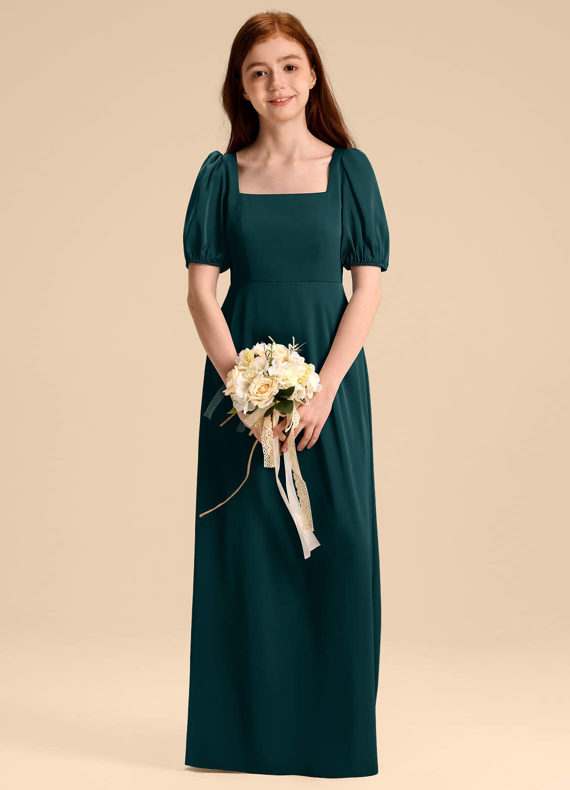 Azazie Briar Junior Robe Trapèze en Satin extensible Arc Vert Pin image1