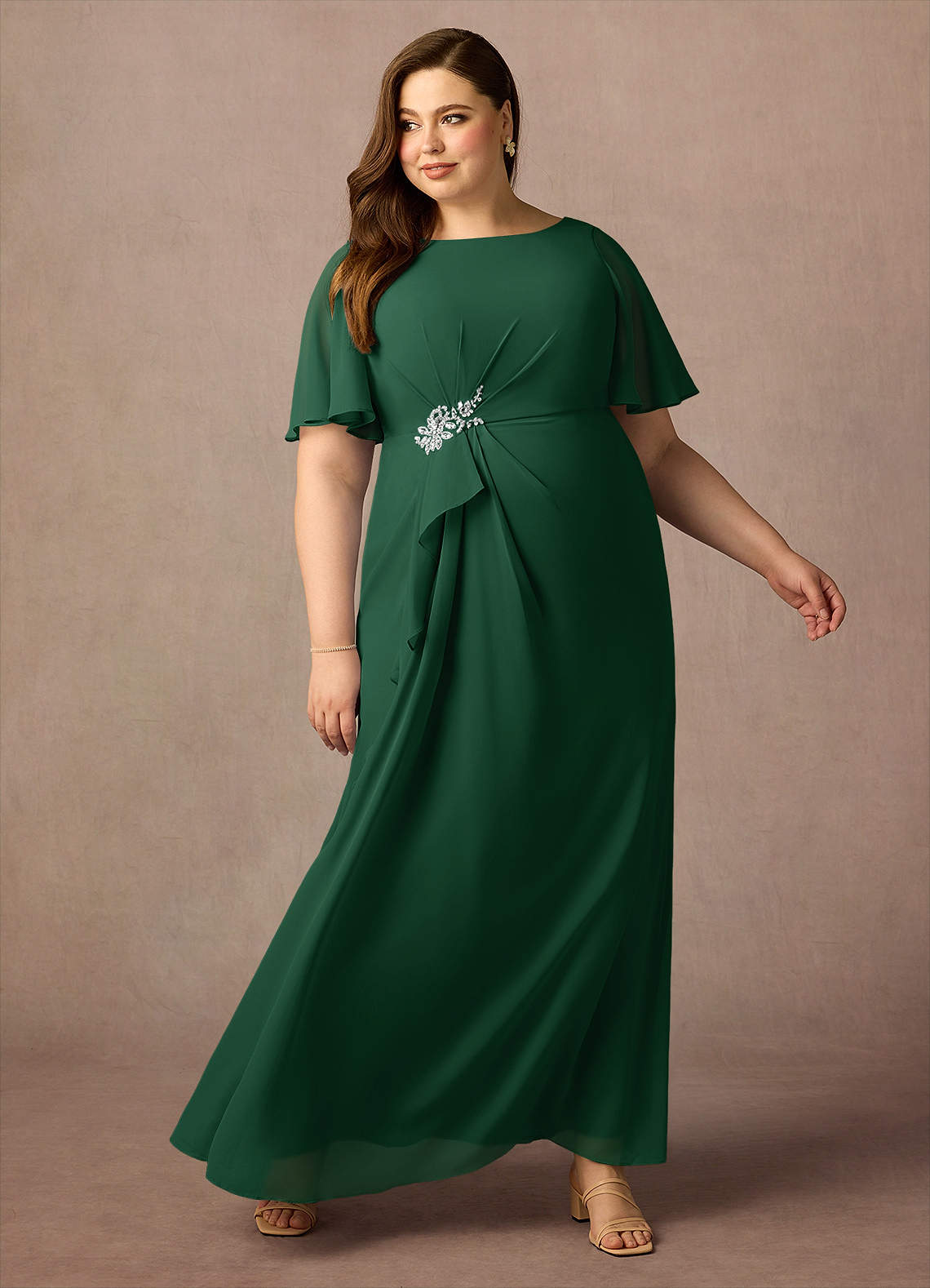Azazie Rain Vestidos para mãe da noiva Vestido Verde Escuro de Chiffon de Bainha com Frisado image4