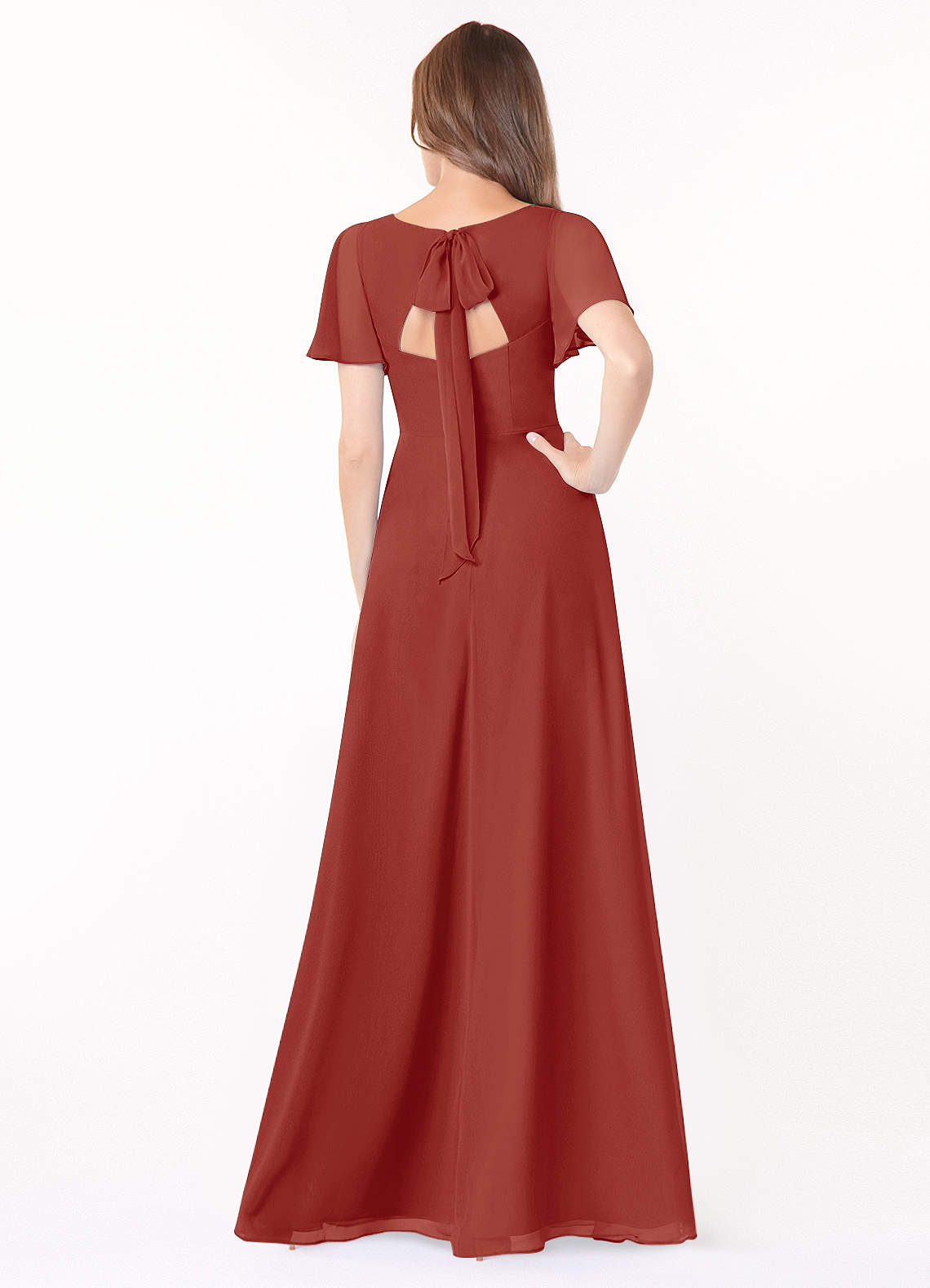 Azazie Kimber Robes de demoiselle d'honneur Robe Trapèze en Mousseline de soie Manches à volants Terracotta image3