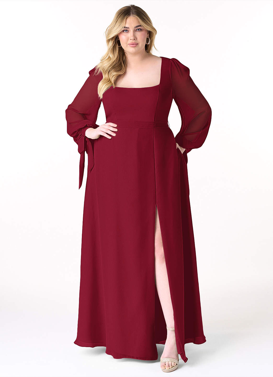 Azazie Leonia Bridesmaid Dresses Burgundy A-Line Long Sleeve Chiffon Dress image10