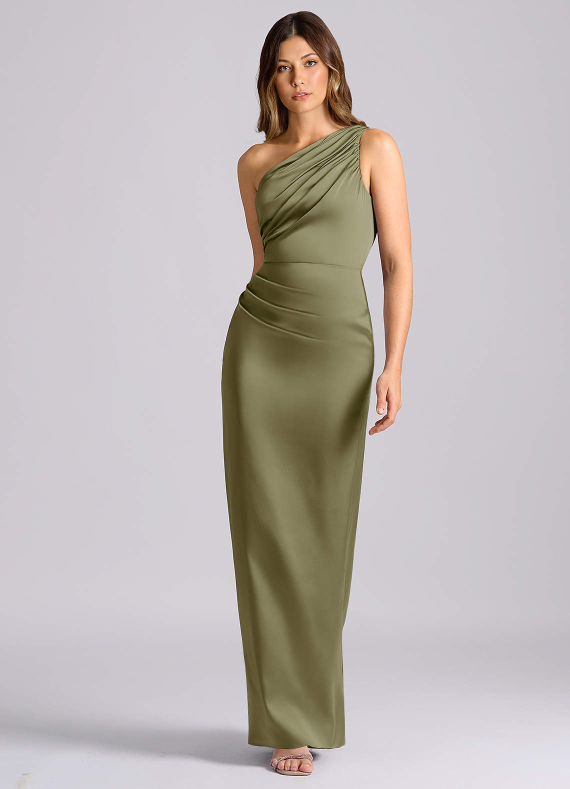 Azazie Akilah Jurken voor bruidsmeisjes Jurk van Stretch Satijn met Zeemeermin One-Shoulder Pistache image3