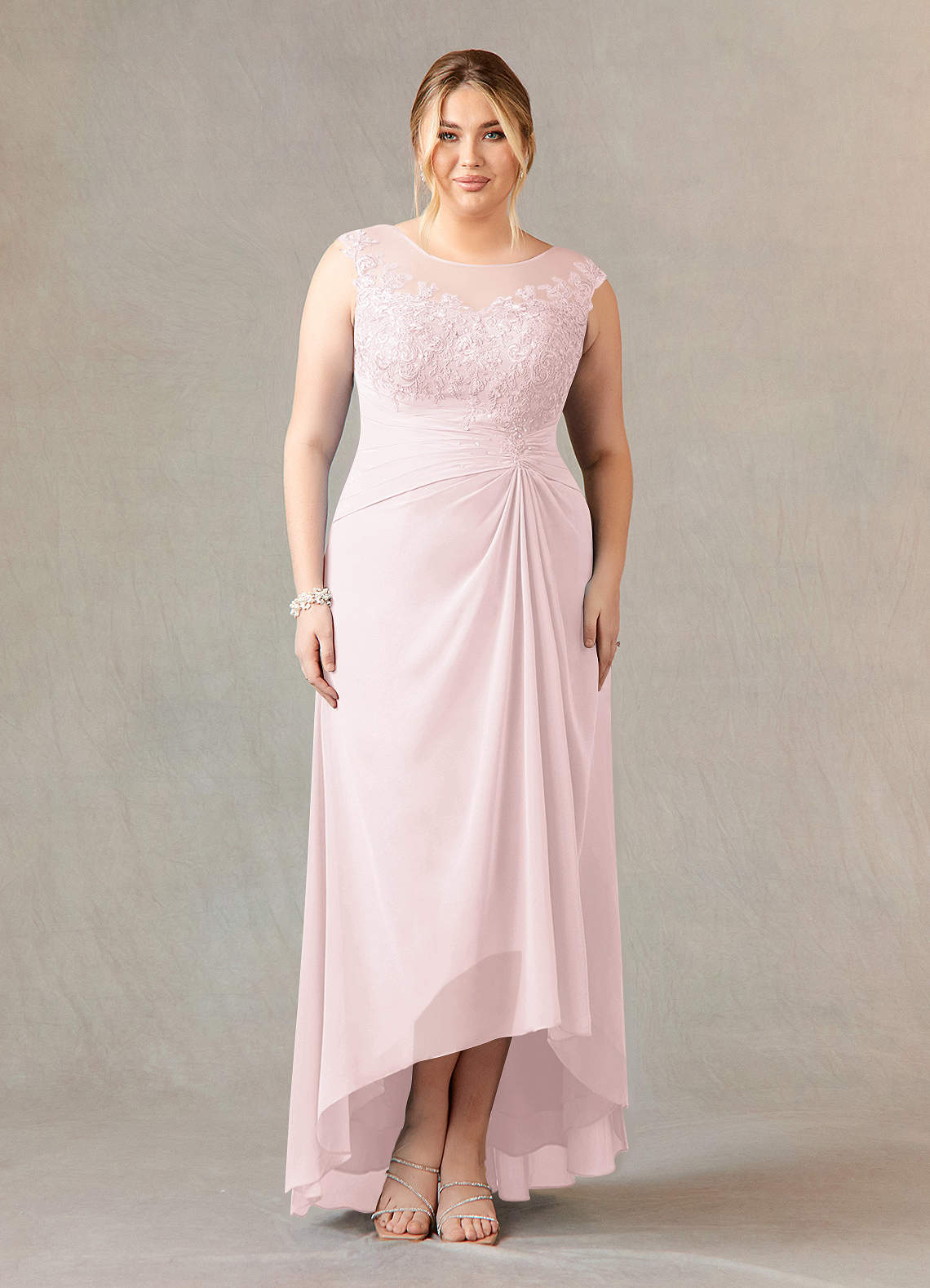 Azazie Endora Final Sale Blushing Pink A-Line Scoop Lace Chiffon Dress image1
