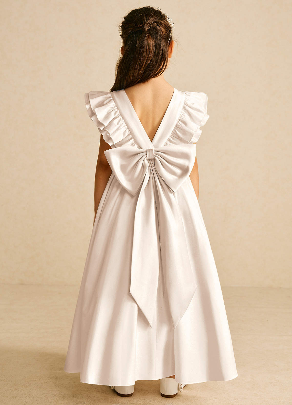 Azazie Piglette Flower Girl Dresses White Alabaster A-Line Bow Matte Satin Dress image1