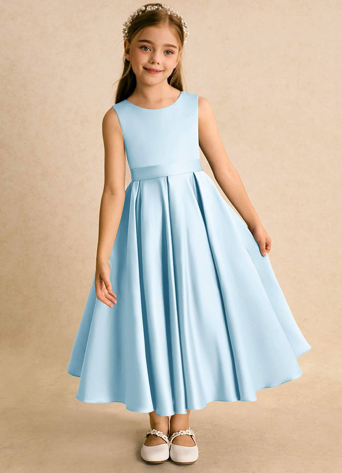 Azazie Junebuj vestidos de niña de las flores Vestido de Azul Cielo de Satin Mate de Princesa con Plisado image5
