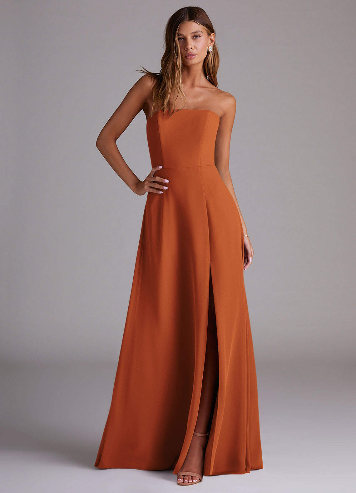 Azazie Wren Bridesmaid Dresses Cinnamon A-Line Side Slit Chiffon Convertible Dress image2