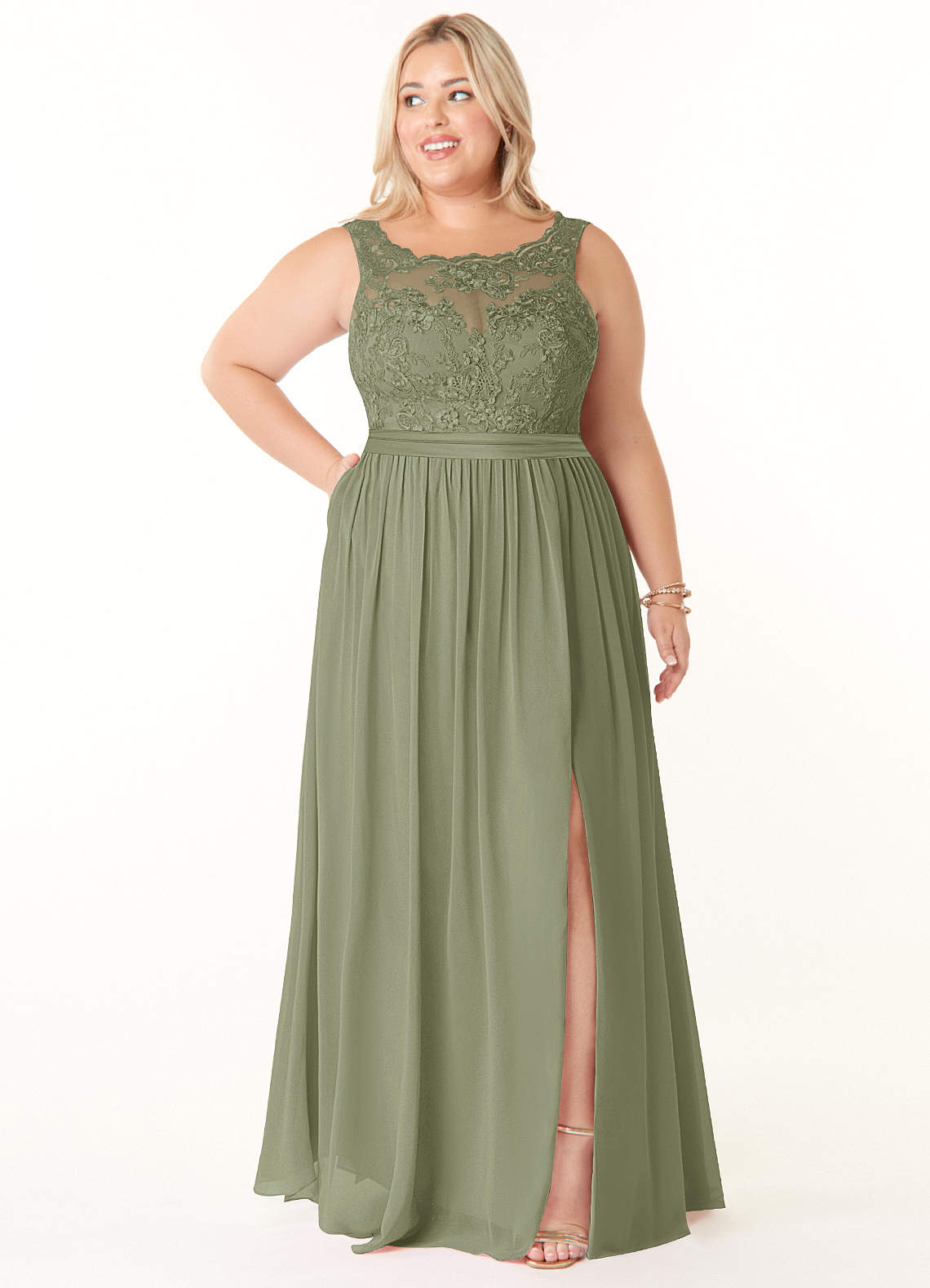 Azazie Elly Bridesmaid Dresses Pistachio A-Line Lace Scoop Neck Chiffon Dress image1