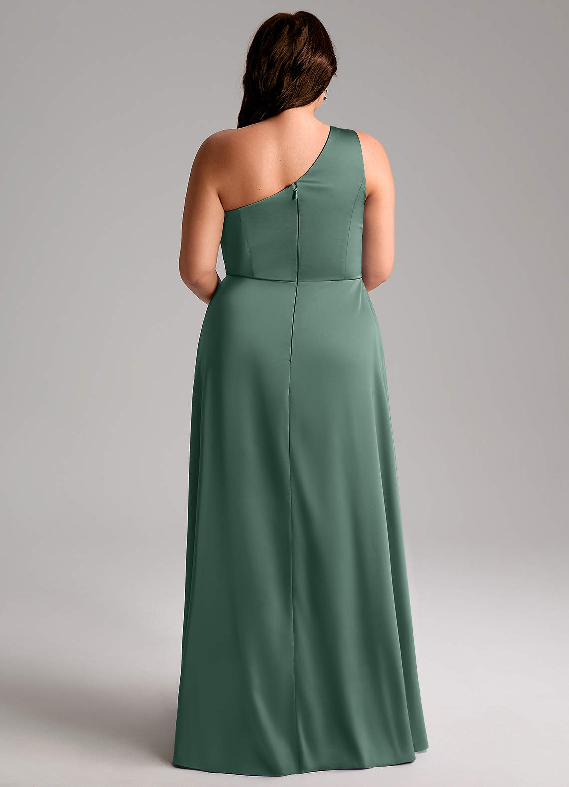 Azazie Brooke Bridesmaid Dresses Eucalyptus A-Line One Shoulder Stretch Satin Dress image8