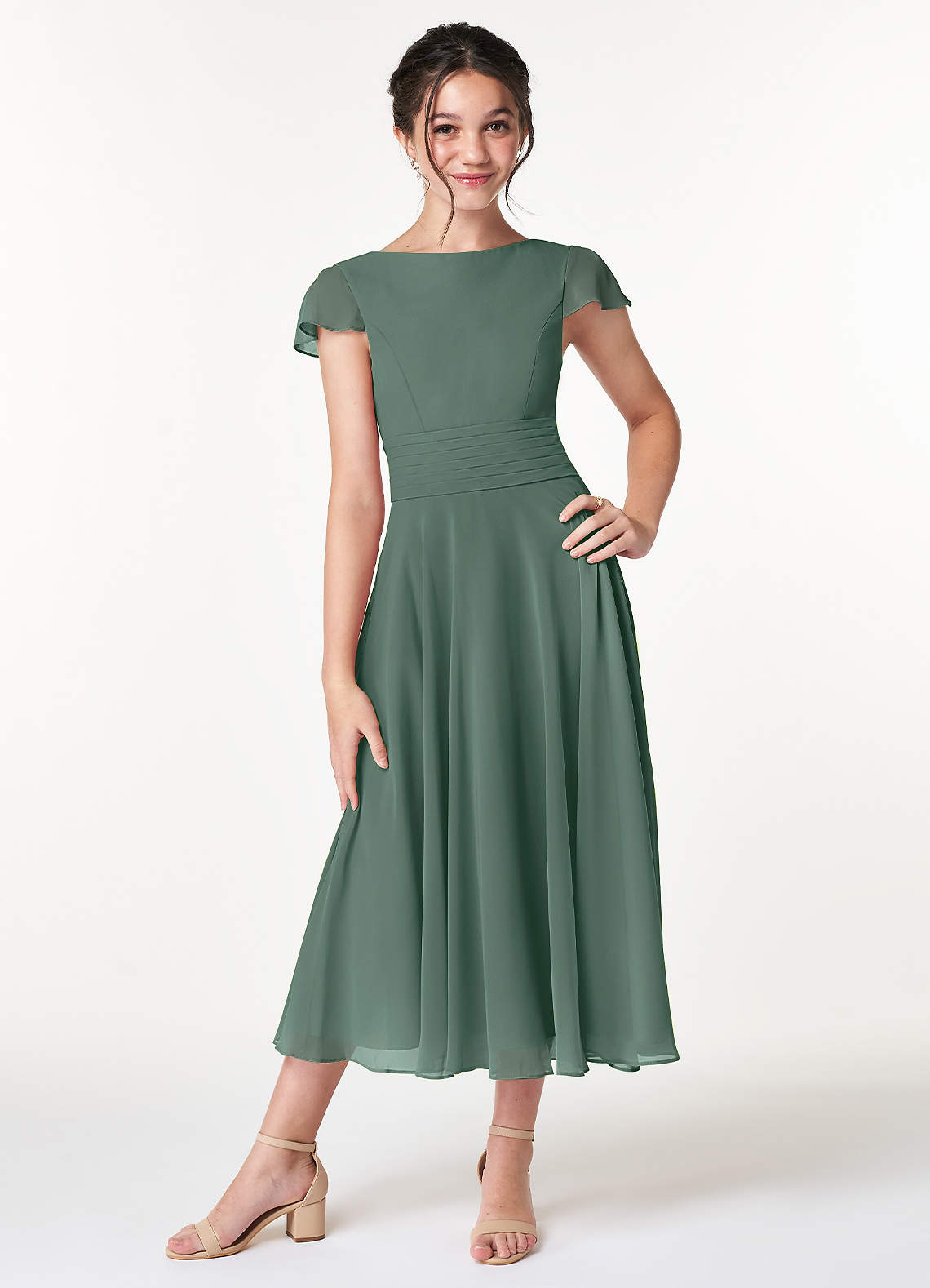 Azazie Payton Junior Sea Moss A-Line Bow Chiffon Dress image1