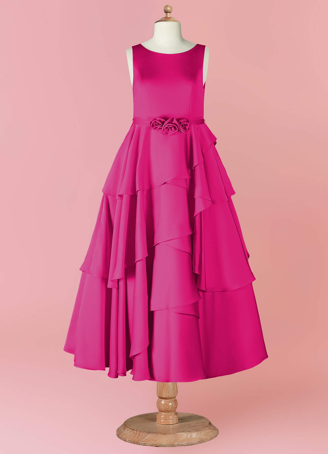 Barbie ♥ Azazie Flower Girl Dresses Scoop Floral Belt Tier Stretch Satin A-Line Dress image8