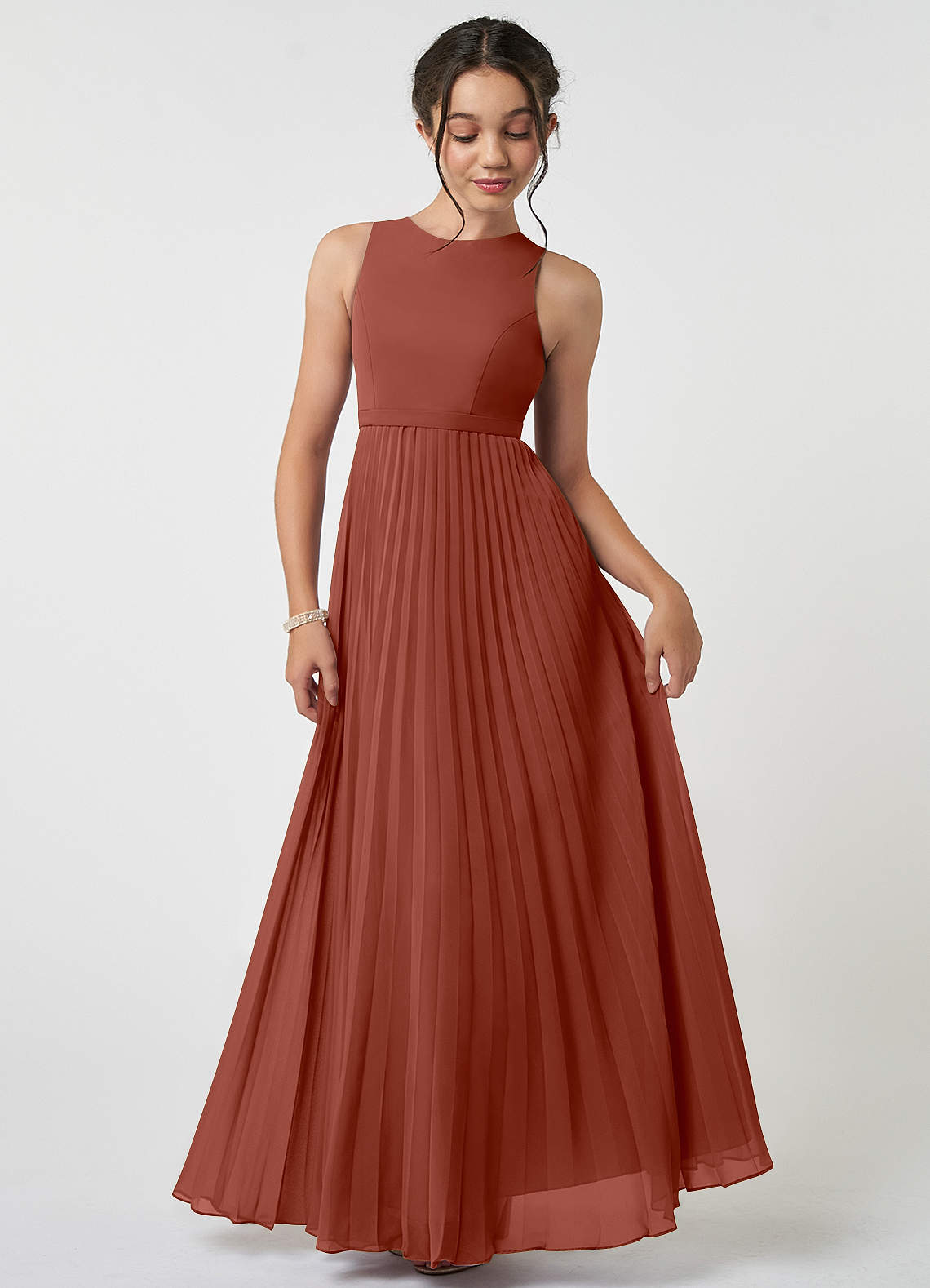 Azazie Lindie Junior Auburn A-Line Pleated Chiffon Dress image1