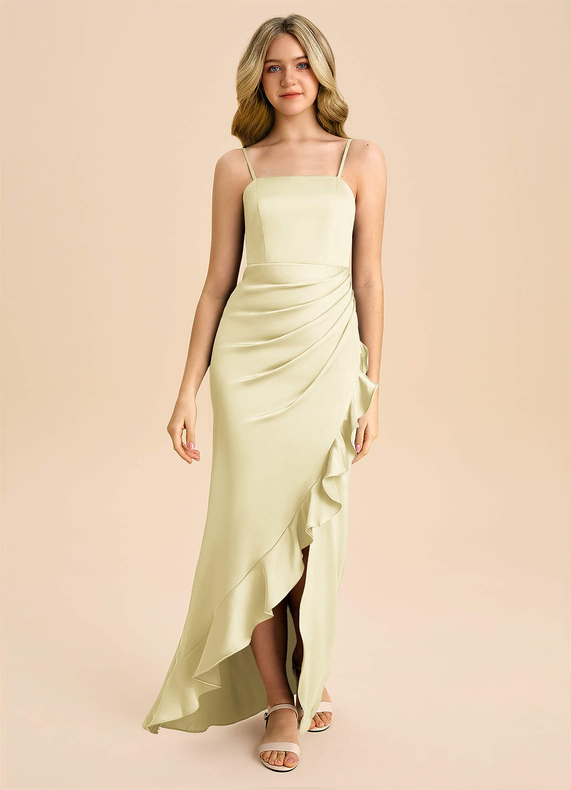 Azazie Buzzy Junior Lemon Sorbet Sheath Pleated Stretch Satin Dress image3