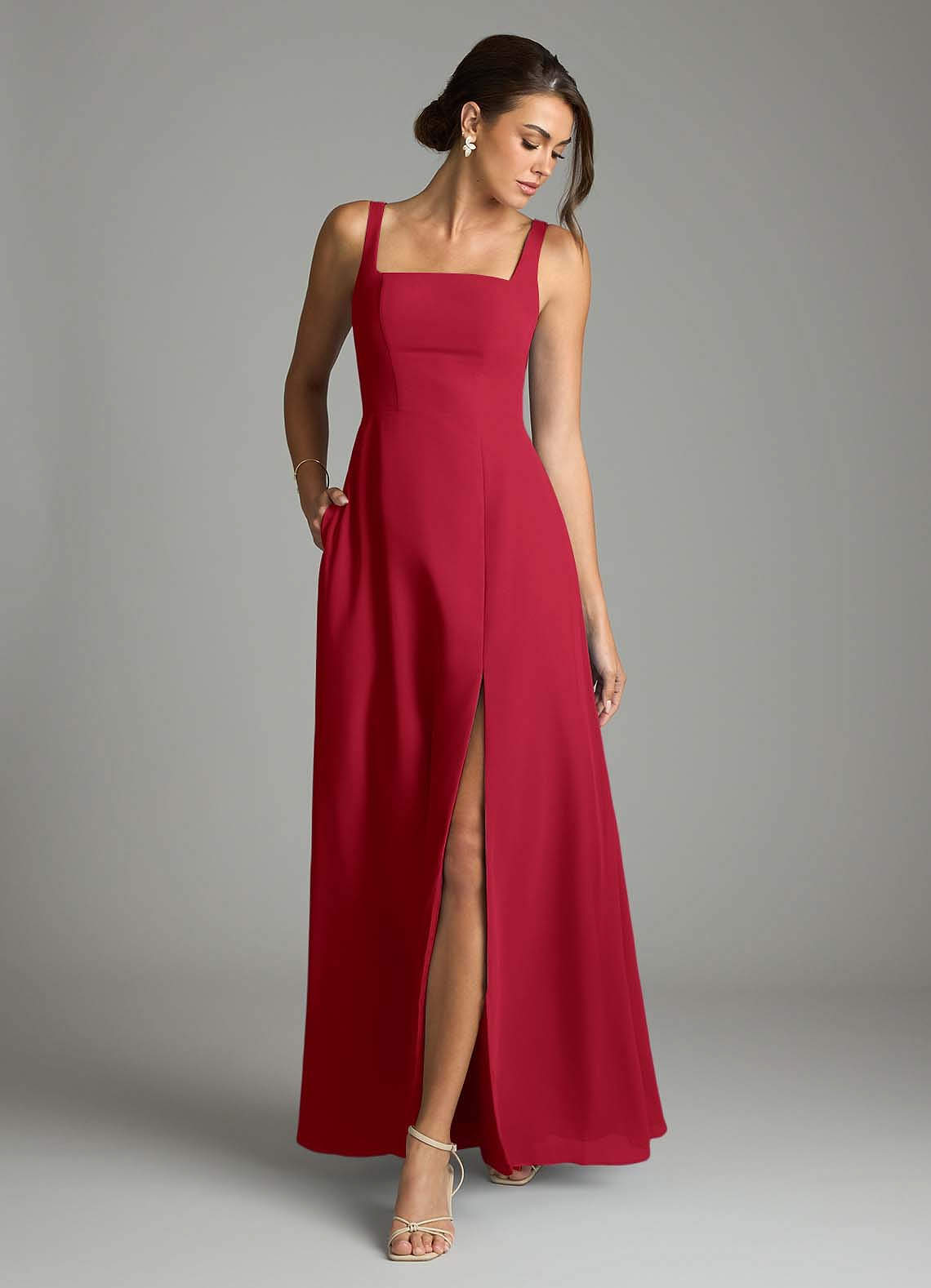 Azazie Debra Bridesmaid Dresses Scarlet A-Line with Pockets Chiffon Convertible Dress image3