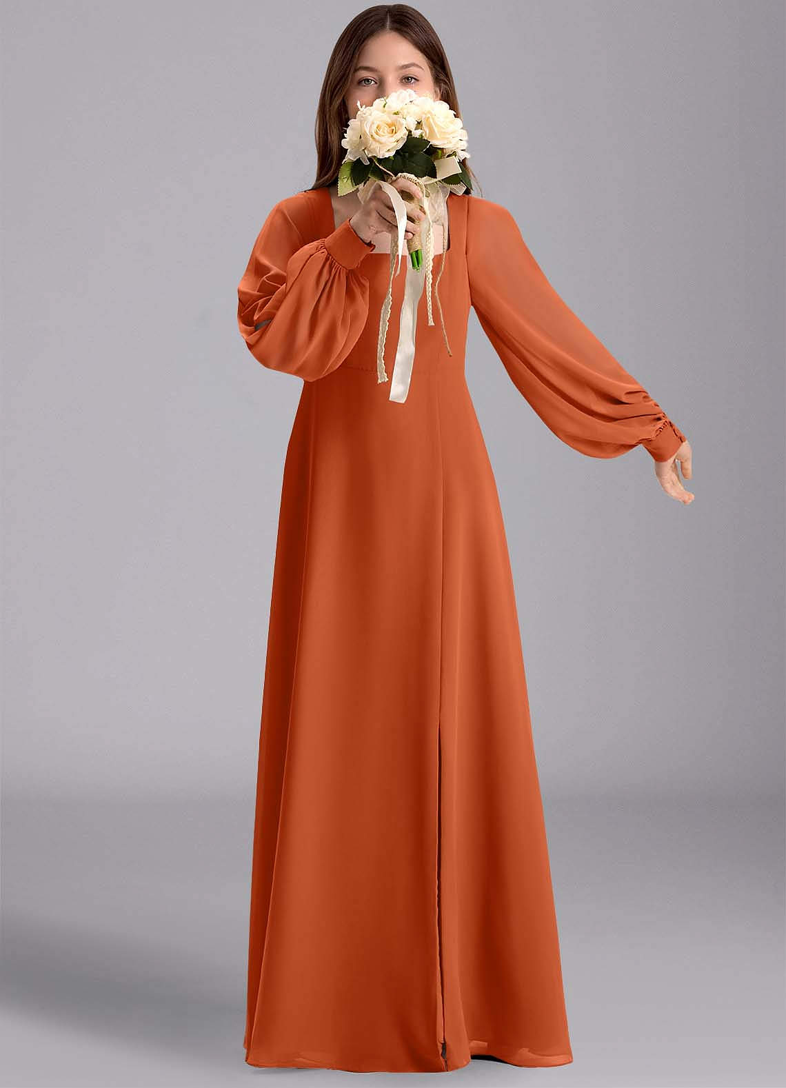 Azazie Bondi Junior Burnt Orange A-Line Blouson Chiffon Dress image1