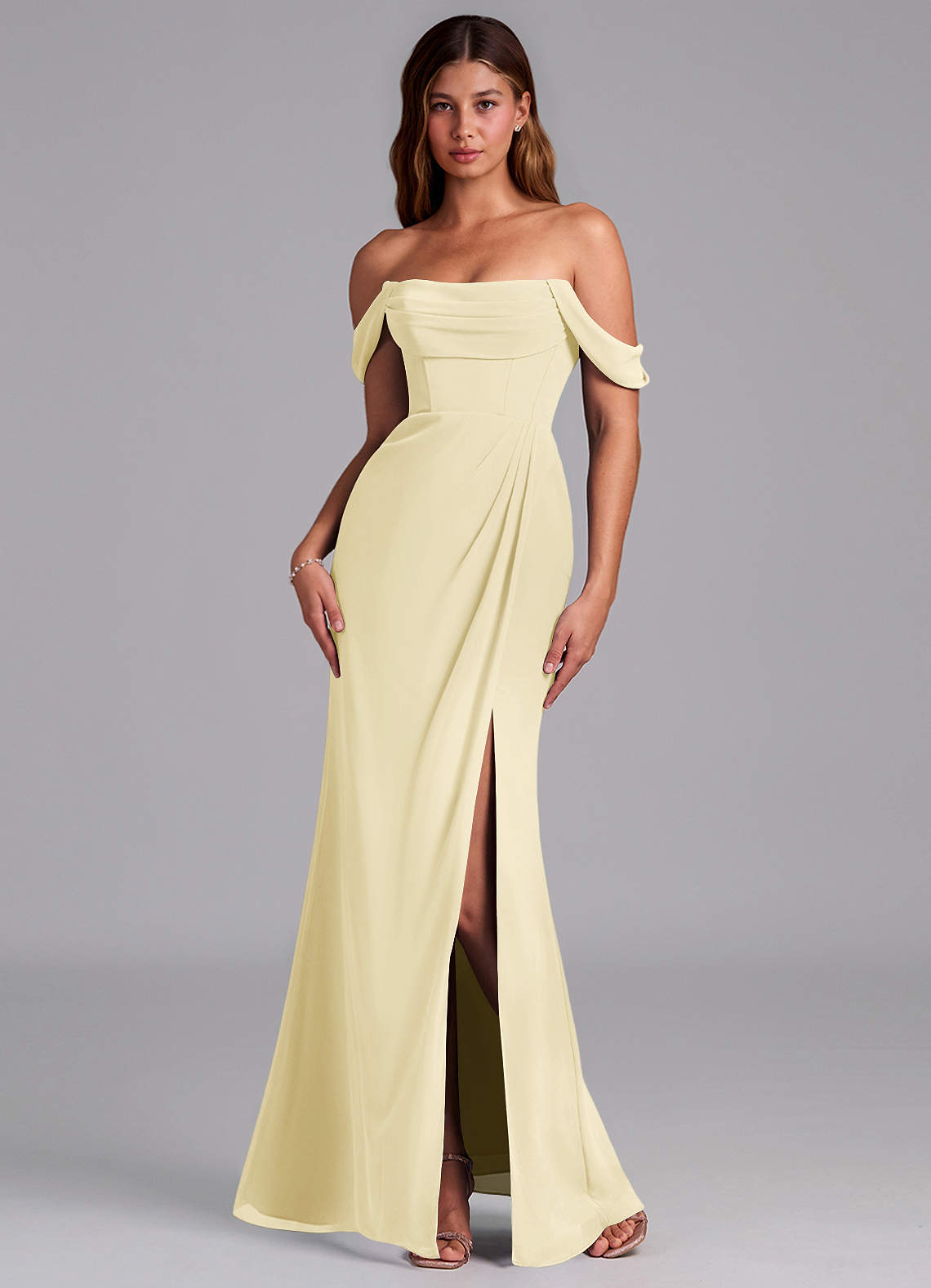 Azazie Johana Brautjungfernkleider Wandelbar Meerjungfrau-Linie Schulterfrei Chiffon Kleid Zitronensorbet image6