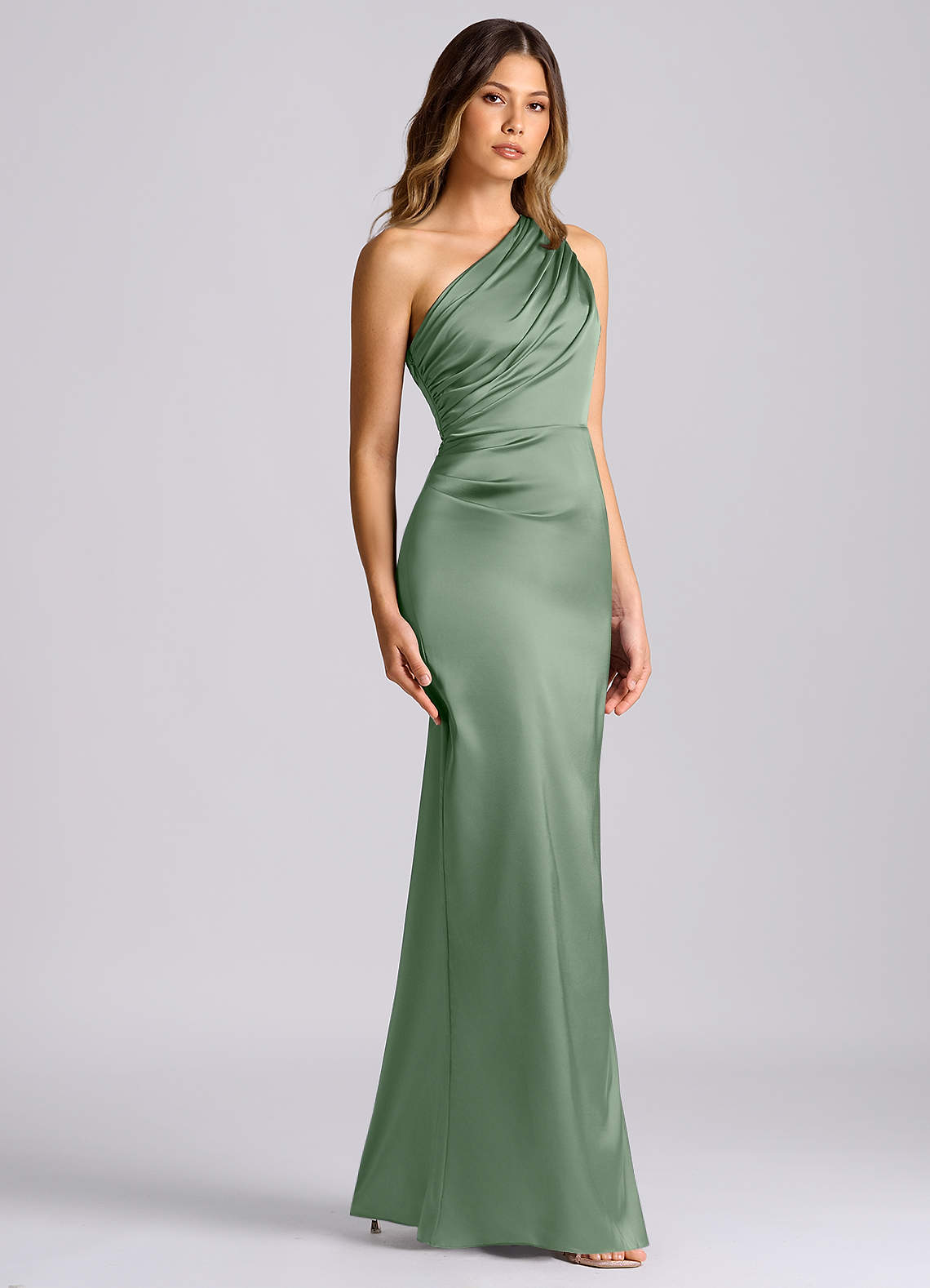 Azazie Akilah Brudtärnklänningar Klä av Sjöjungfru i Stretch Satin Ena axeln Matcha image2