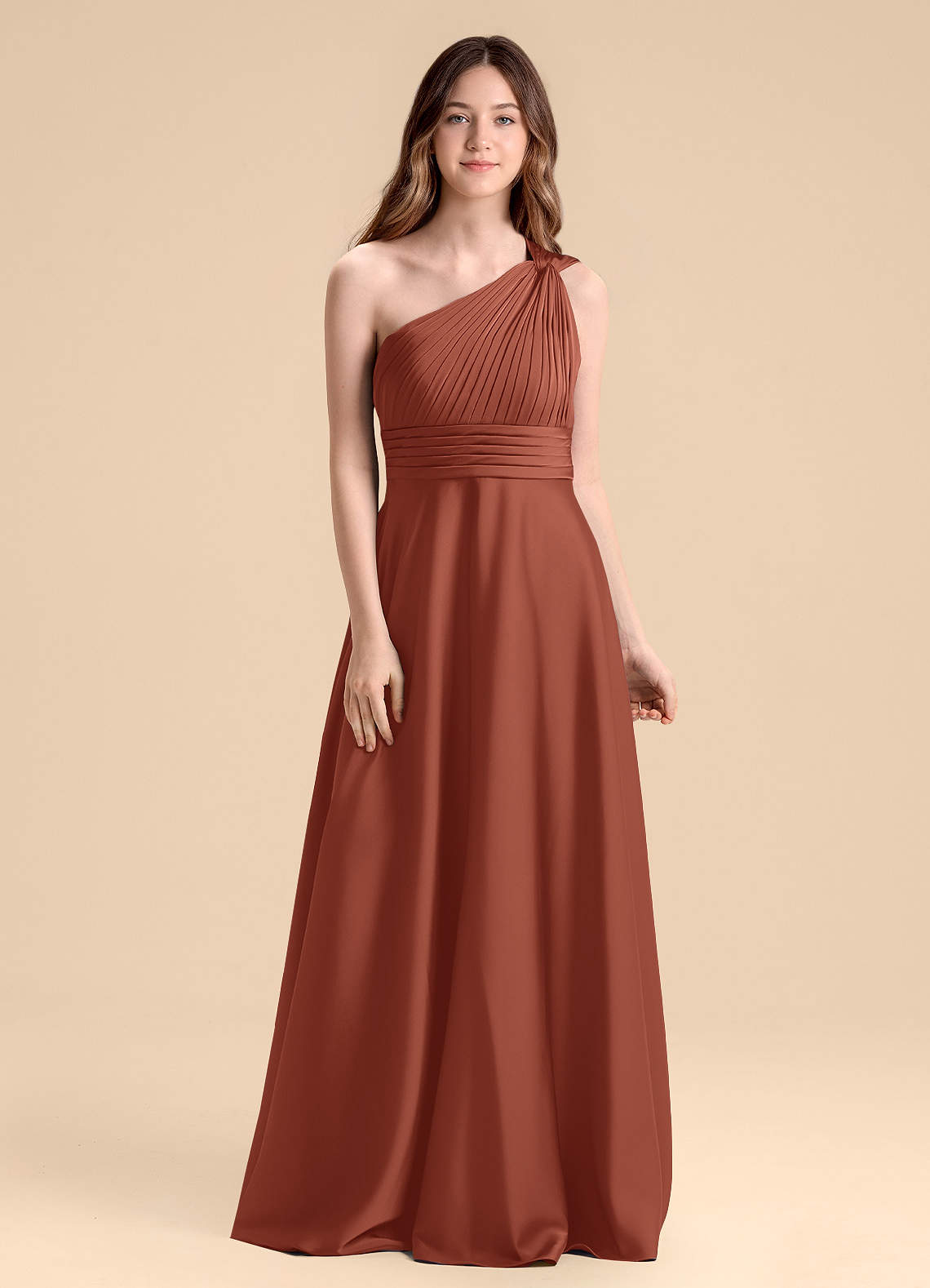 Azazie Charlize Junior Auburn A-Line Pleated Stretch Satin Dress image1