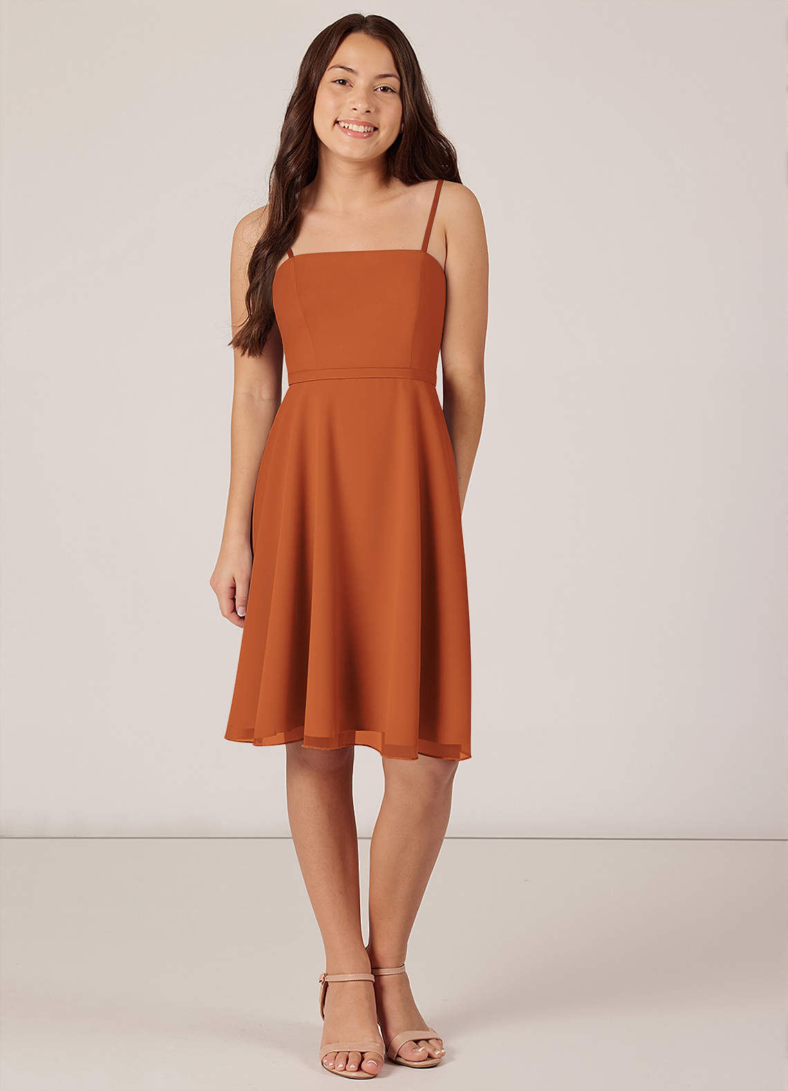 Azazie Kalie Junior Cinnamon A-Line with Belt Chiffon Dress image1
