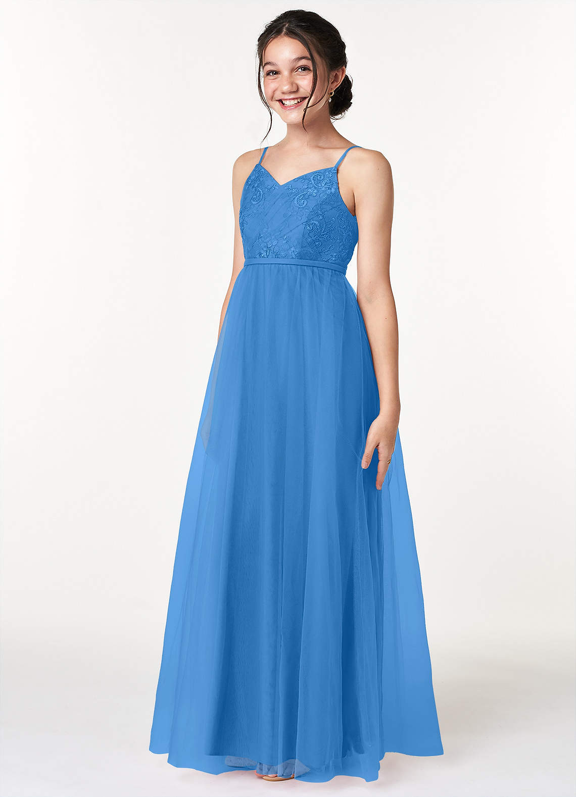 Azazie Layla A-Line Lace Floor-Length Junior Bridesmaid Dress image1