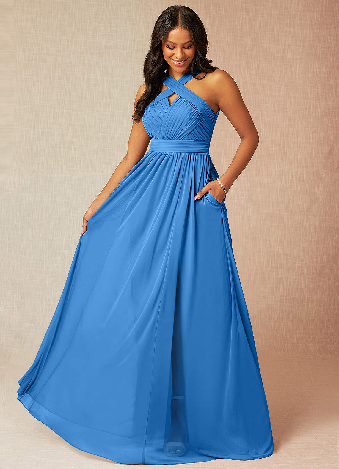 Azazie Hillian Vestidos de damas de honor Vestido de Azul Grisaceo de Malla de Corte en A con Halter Plisado image1