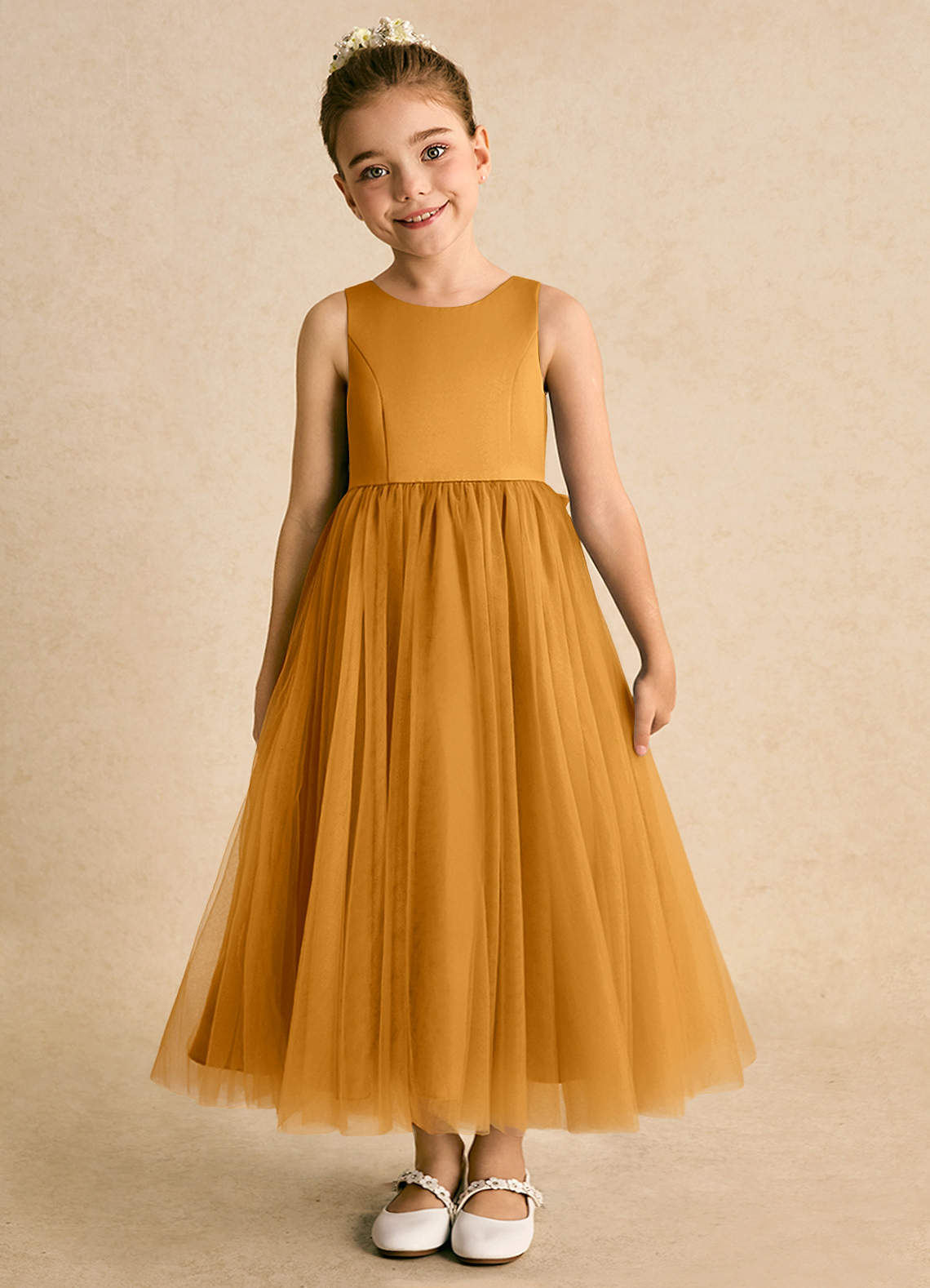 Azazie Solia Robe Demoiselle D'honneur Fillette Robe Princesse en Tulle Arc Caramel écossais image2