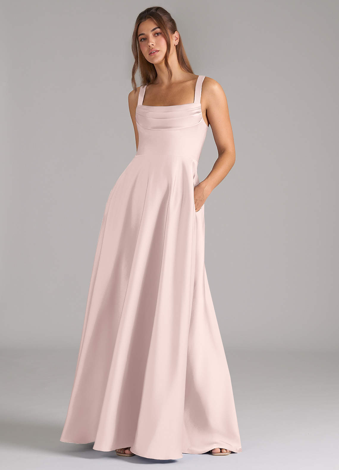 Azazie Shaude Bridesmaid Dresses Blushing Pink A-Line Pleated Stretch Satin Dress image3