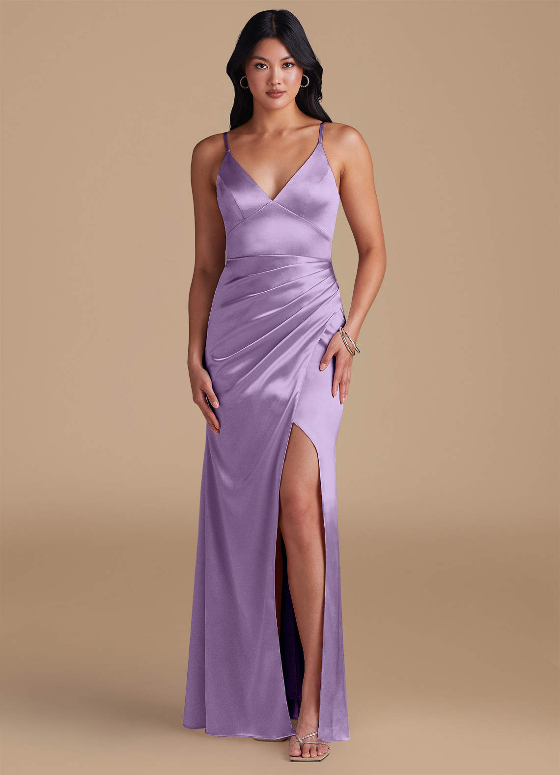Azazie Shania Bridesmaid Dresses Lilac Sheath Pleated Metallic Satin Dress image1