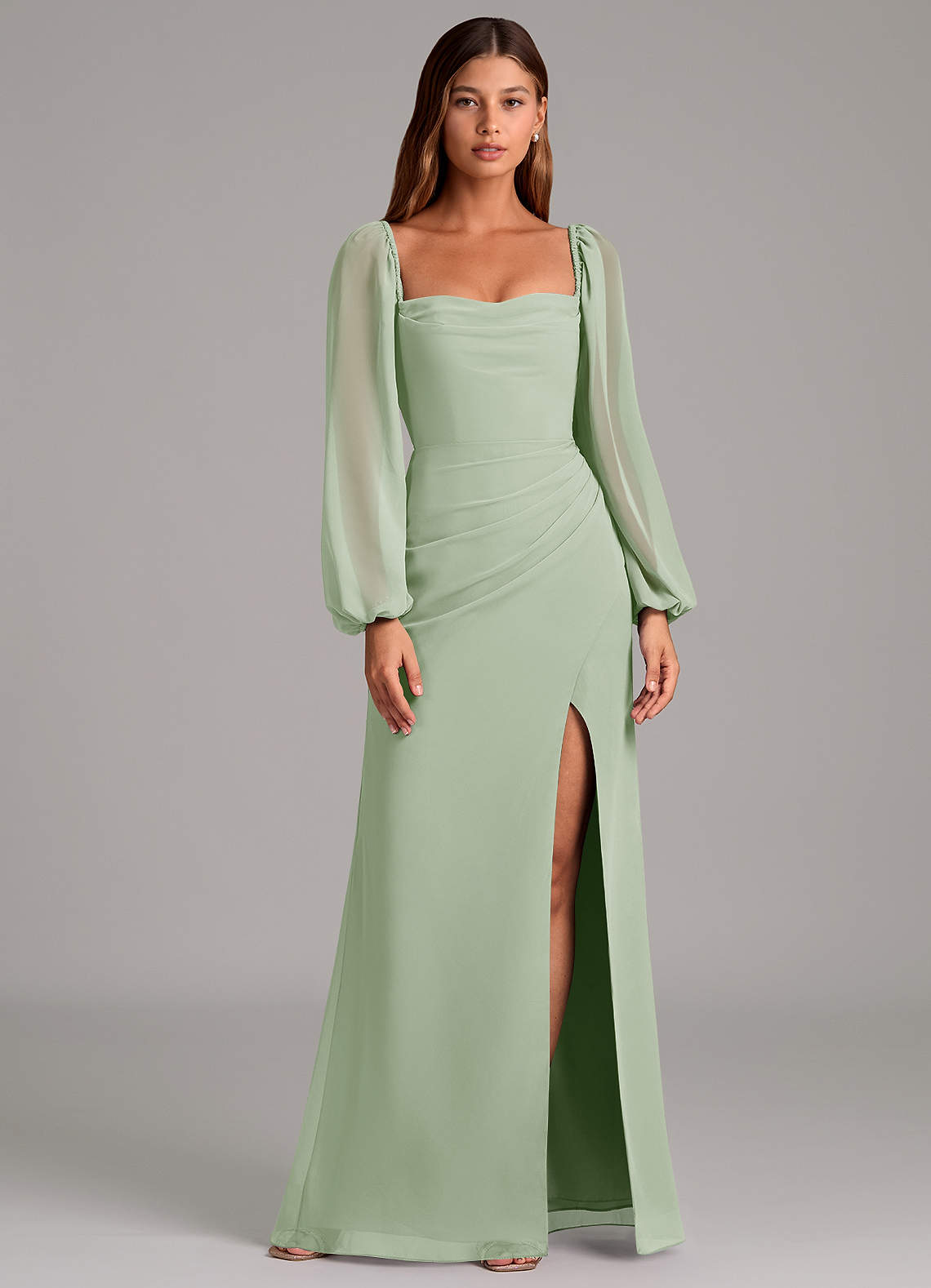 Azazie Brixley Bridesmaid Dresses Dusty Sage Mermaid Long Sleeve Chiffon Dress image1