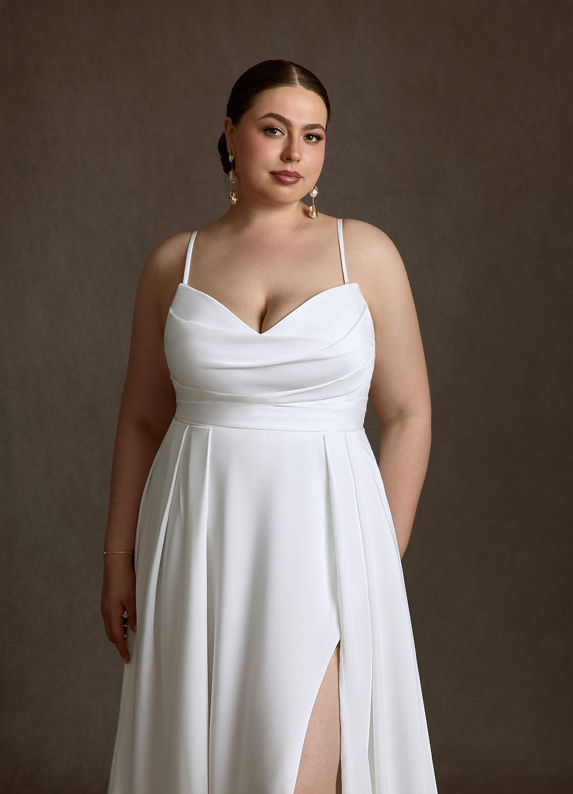 Azazie Marisela At-home Try On Dresses Diamond White A-Line Sequins Crepe Back Satin Dress image12