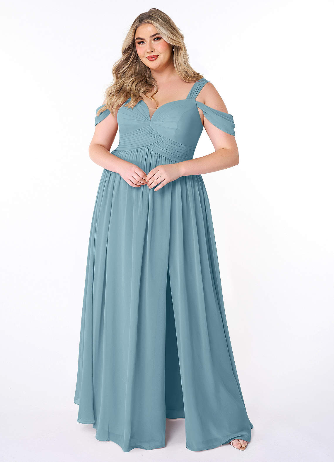 Azazie Lianne Bridesmaid Dresses Moody Blue A-Line Off the Shoulder Chiffon Dress image1