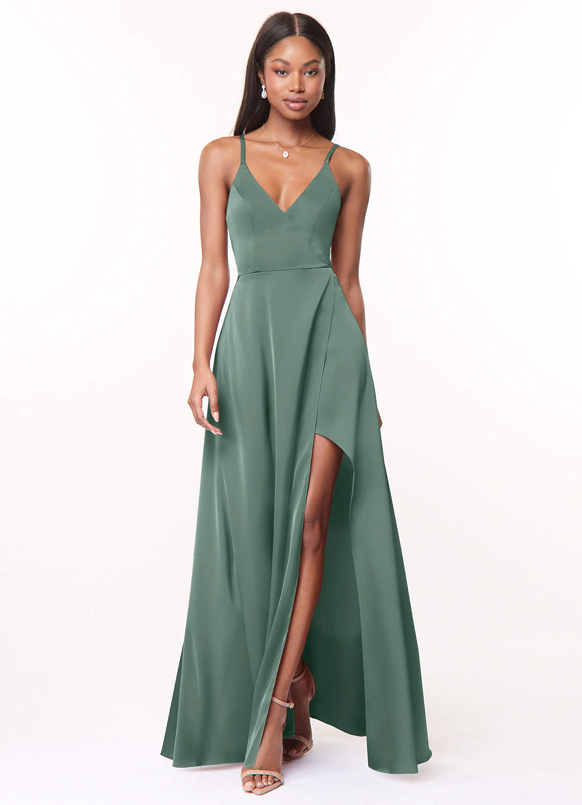 Azazie Maksim Bridesmaid Dresses Eucalyptus A-Line V-Neck Stretch Satin Dress image1