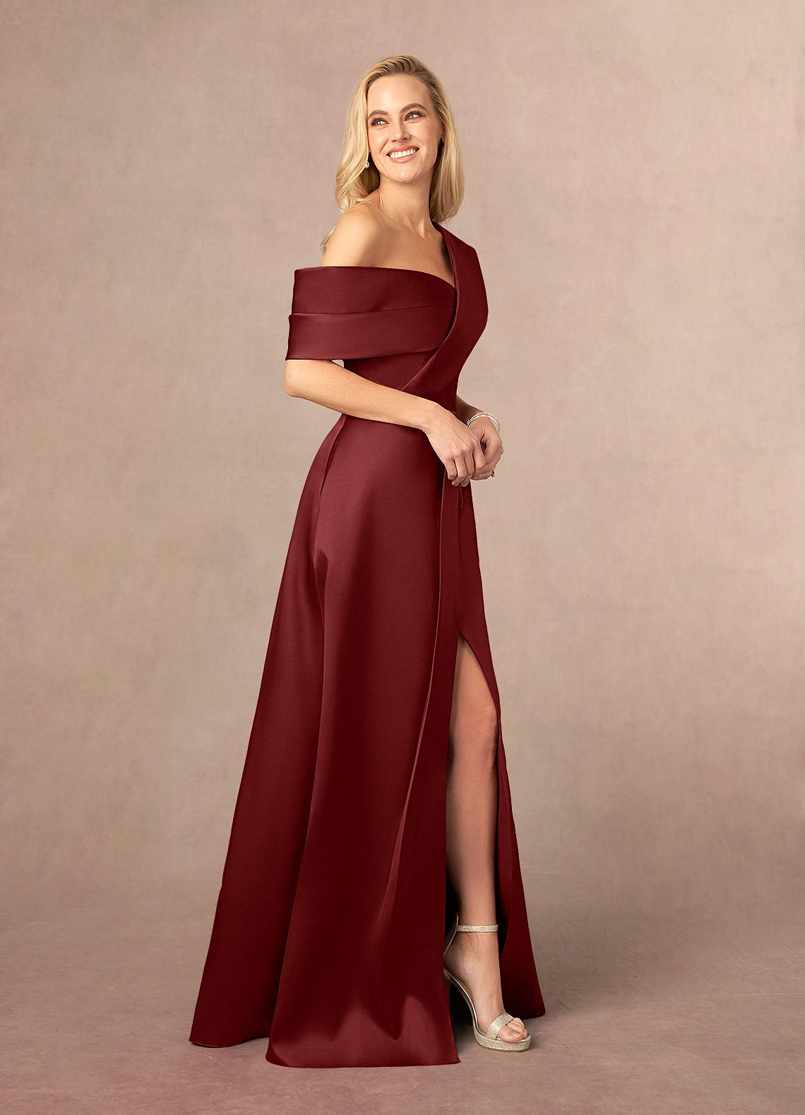 Azazie Marissa At-home Try On Dresses Burgundy A-Line Pleated  Mikado Dress image1