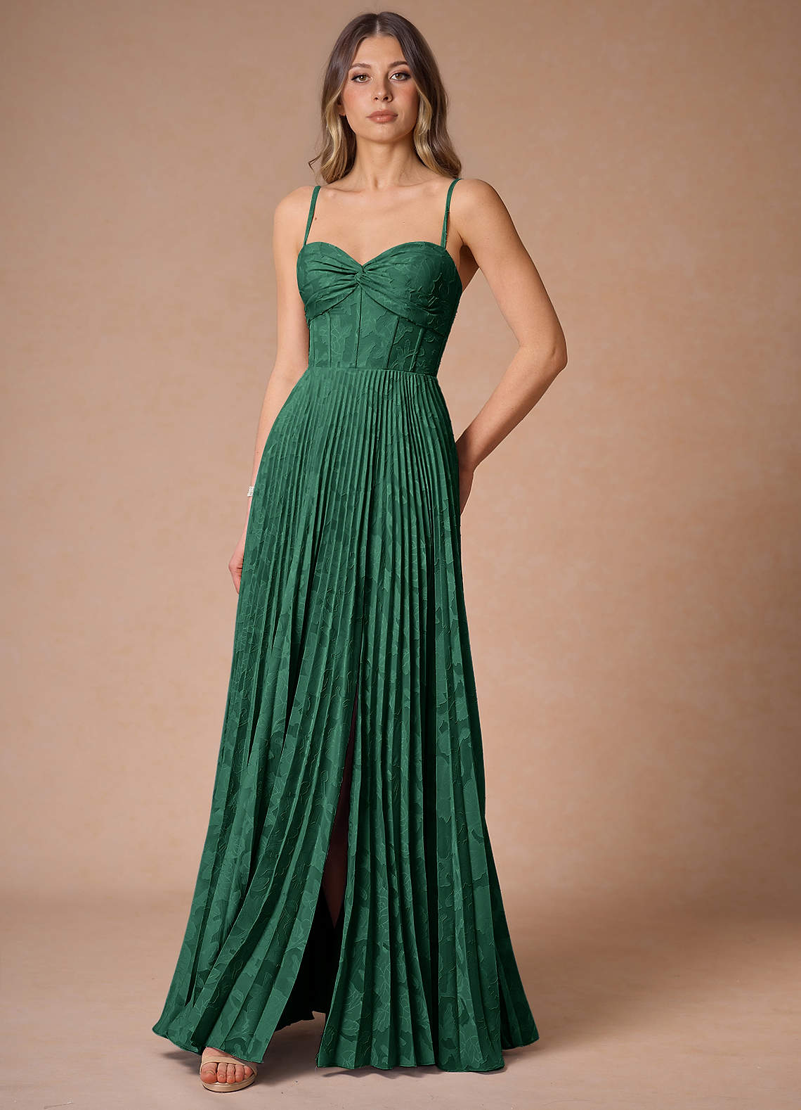 Akiko Emerald Green Pleated Maxi Dress | Azazie