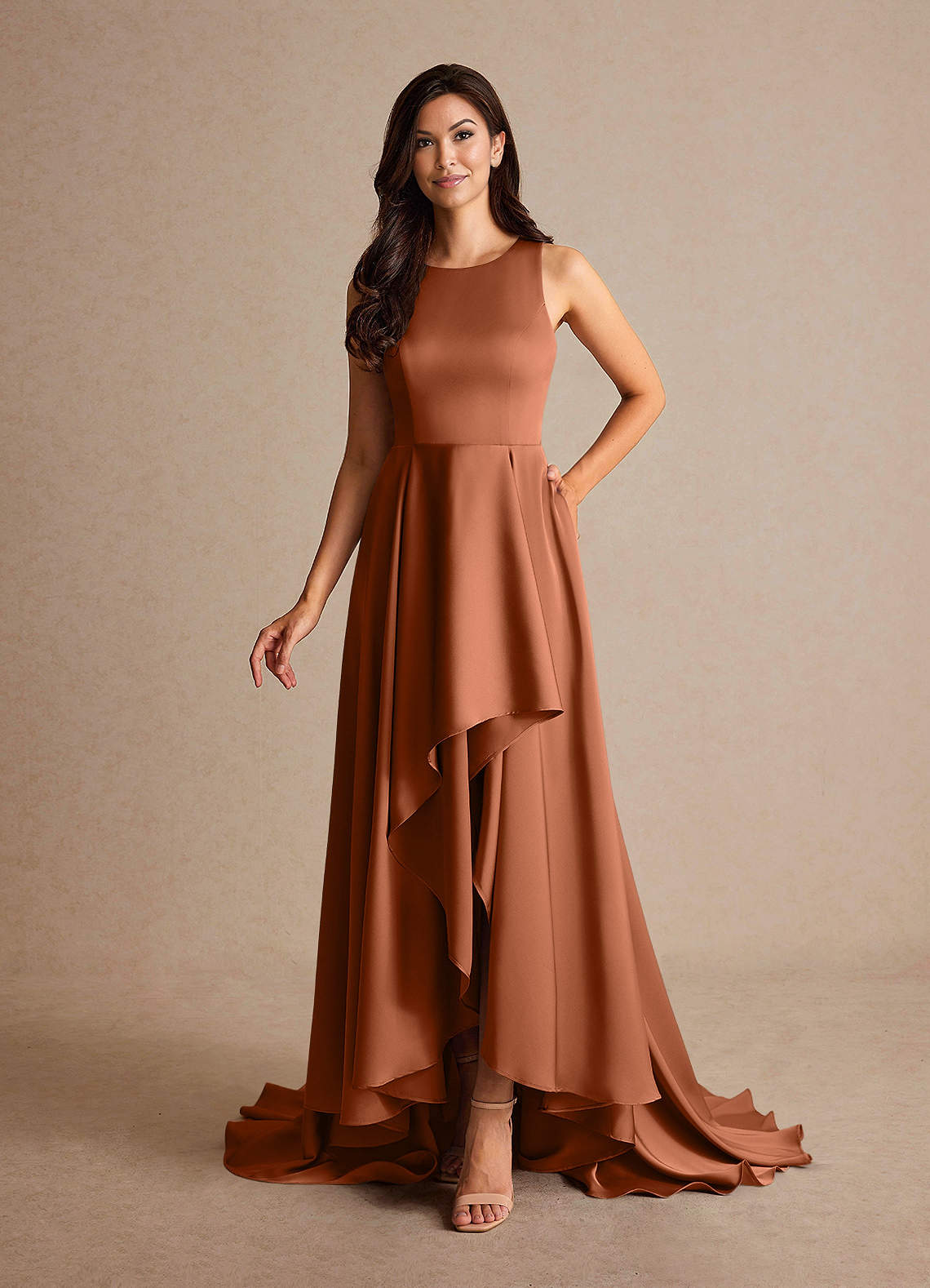 Azazie Niles Copper A-Line Trains Stretch Satin Dress | Azazie