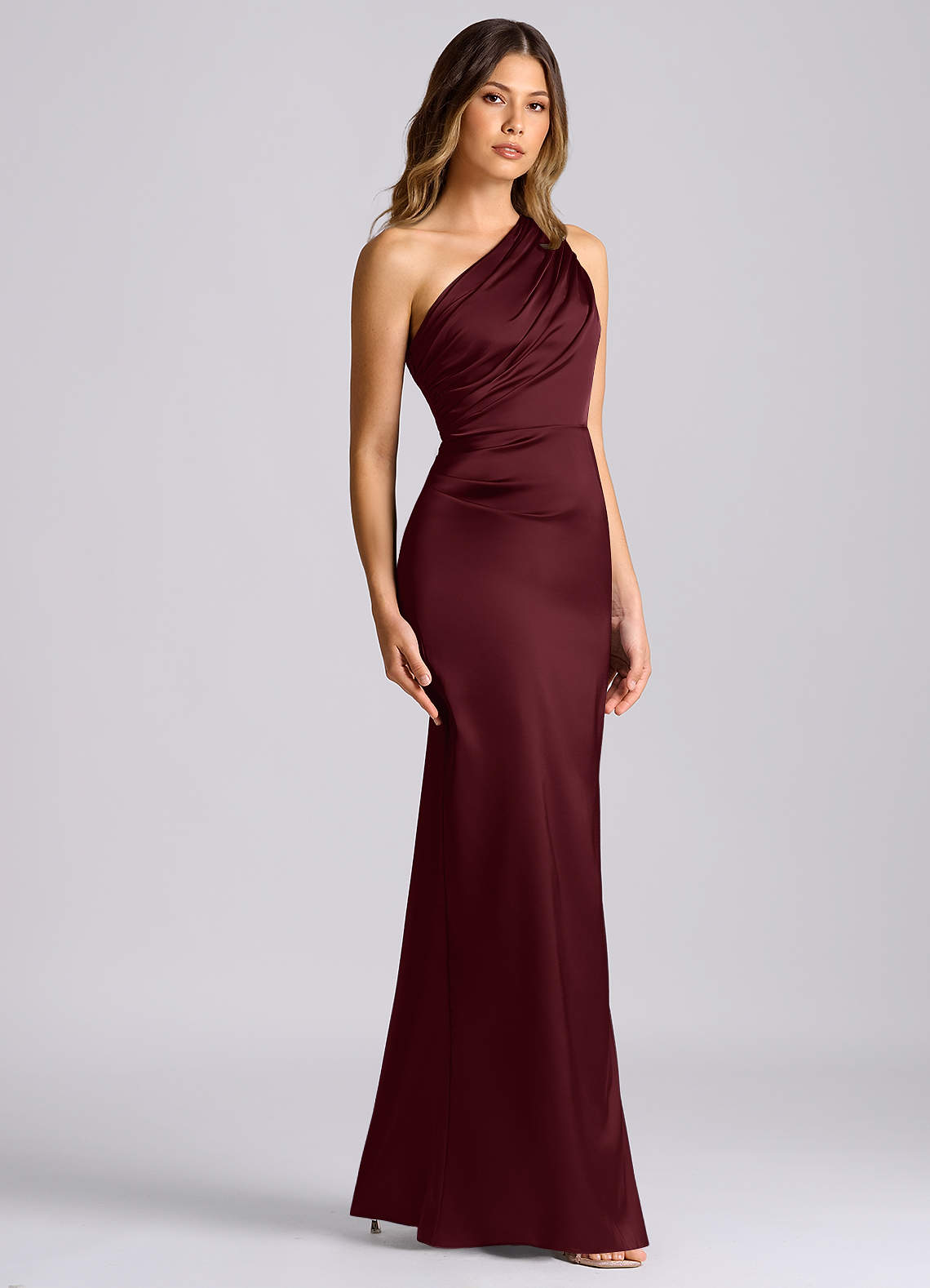 Azazie Akilah Bridesmaid Dresses Cabernet Mermaid One Shoulder Stretch Satin Dress image2
