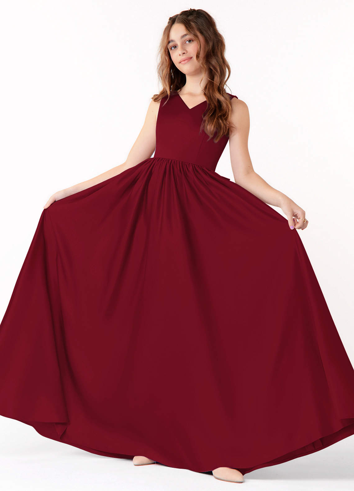 Azazie Hathaway Junior Burgundy A-Line Bow Matte Satin Dress image1