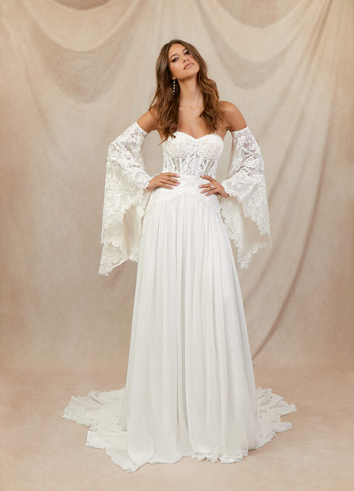 Azazie Rhya Wedding Dresses Diamond White Champagne A-Line Off the Shoulder Lace Dress image1