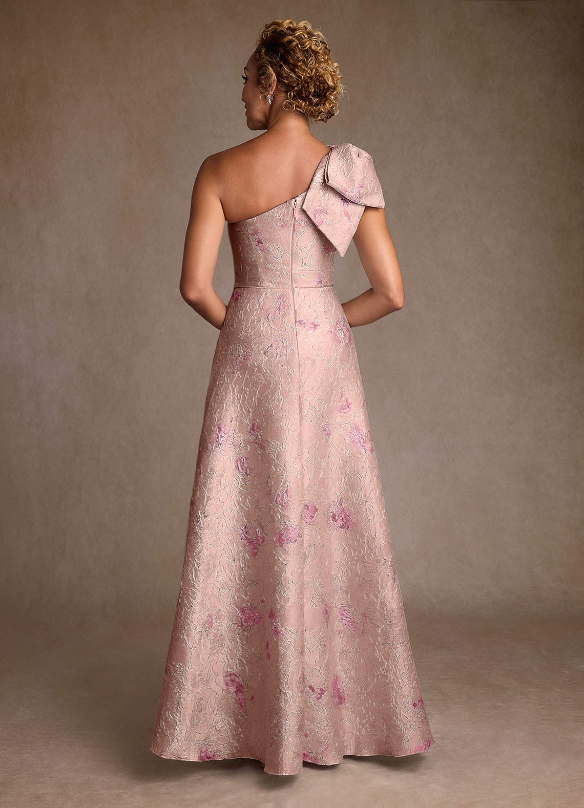 Azazie Margerie Coral Jacquard A-Line One Shoulder Floral Jacquard