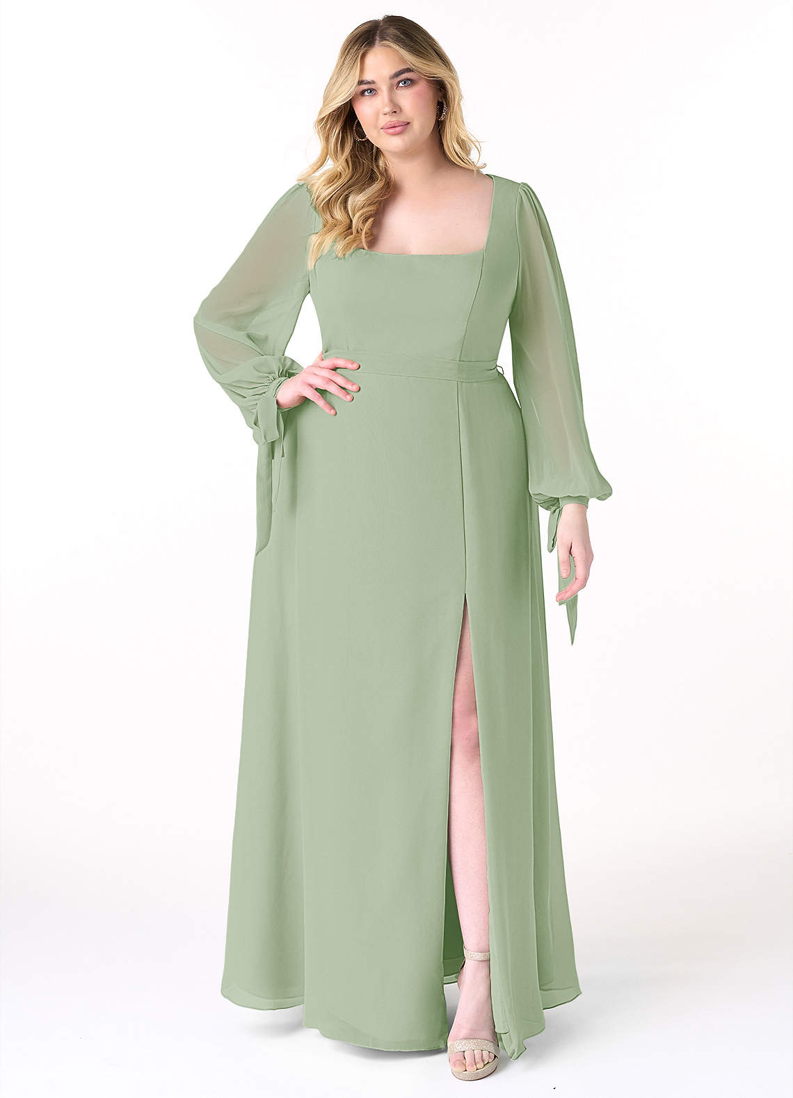 Azazie Leonia Bridesmaid Dresses Dusty Sage A-Line Long Sleeve Chiffon Dress image1