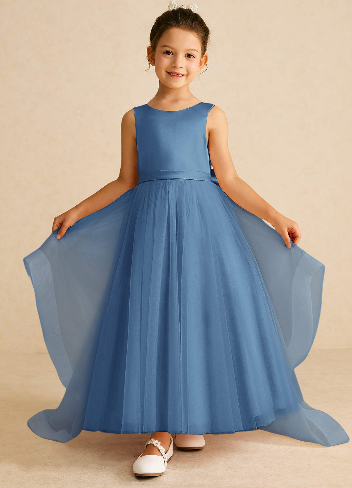 Azazie Pumpkin Flower Girl Dresses Steel Blue A-Line Bow Tulle Dress image1