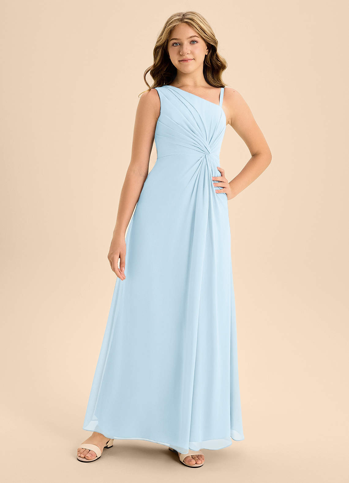 Azazie Brooke Junior Abito A-Line in Chiffon Spacco Laterale Azzurro image3