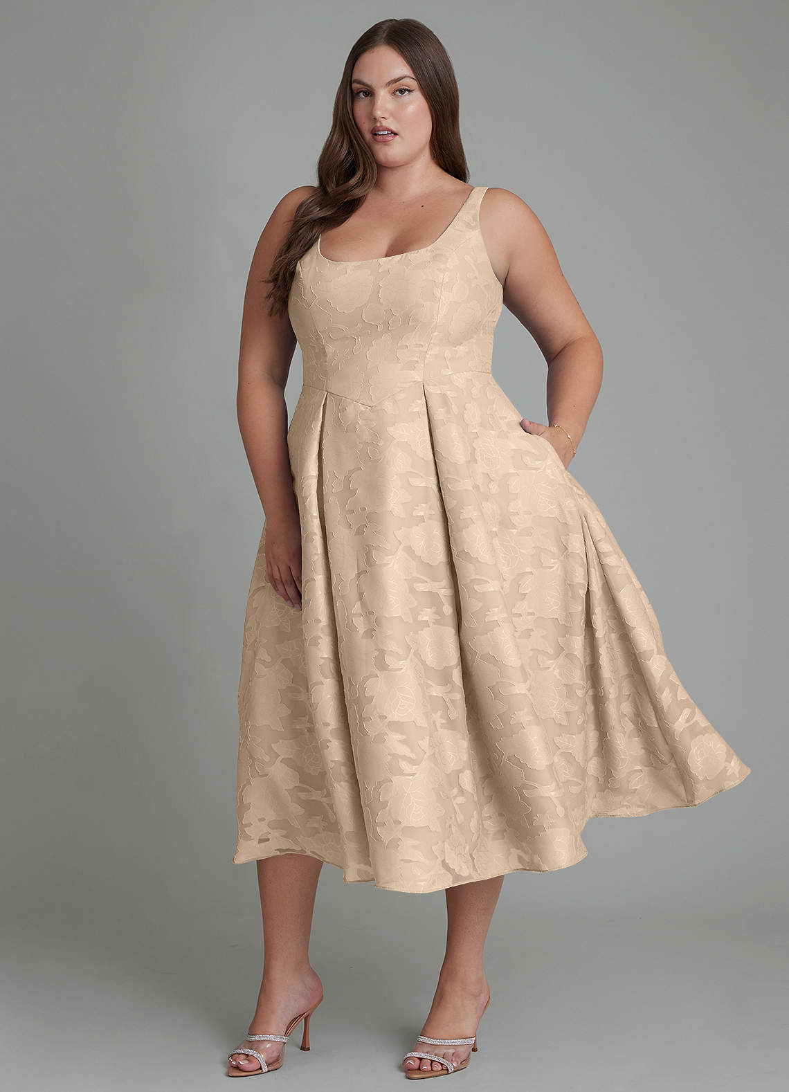 Azazie Amalie Bridesmaid Dresses Champagne A-Line Pleated Floral Burnout Dress image1