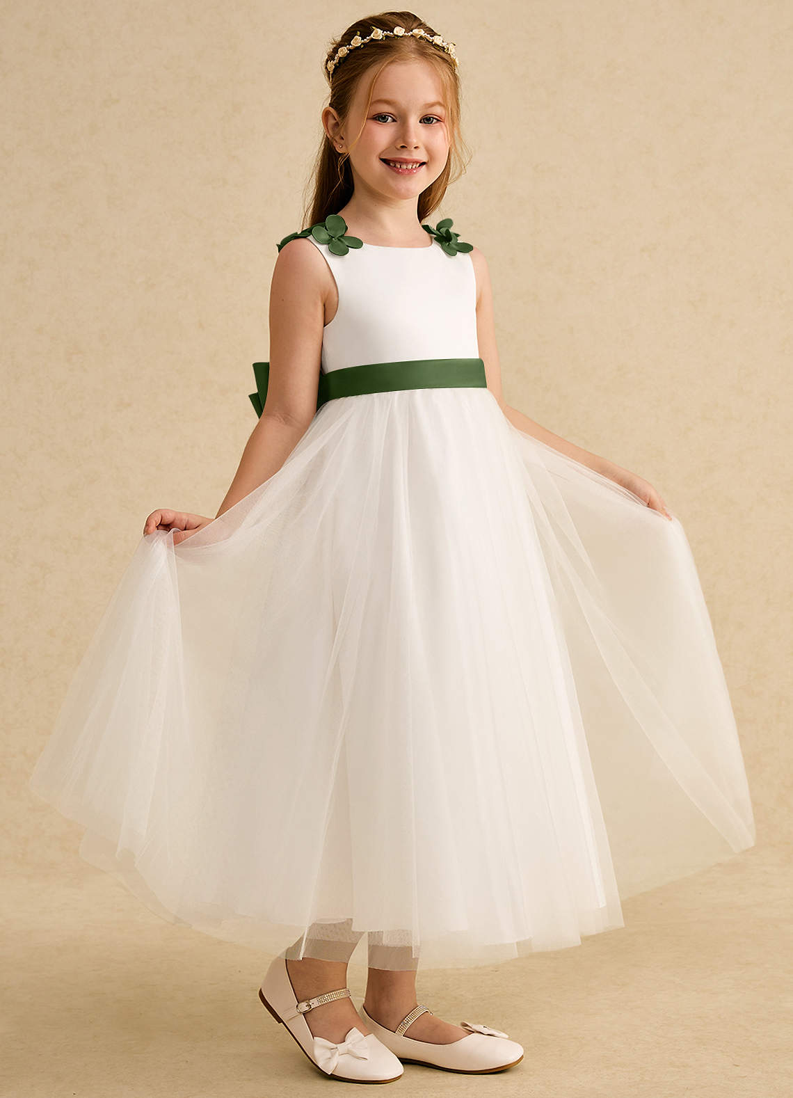 Azazie Lilli Blumenmädchenkleider A-Linie Schleifen Tüll Kleid Elfenbein Olivgrün image1