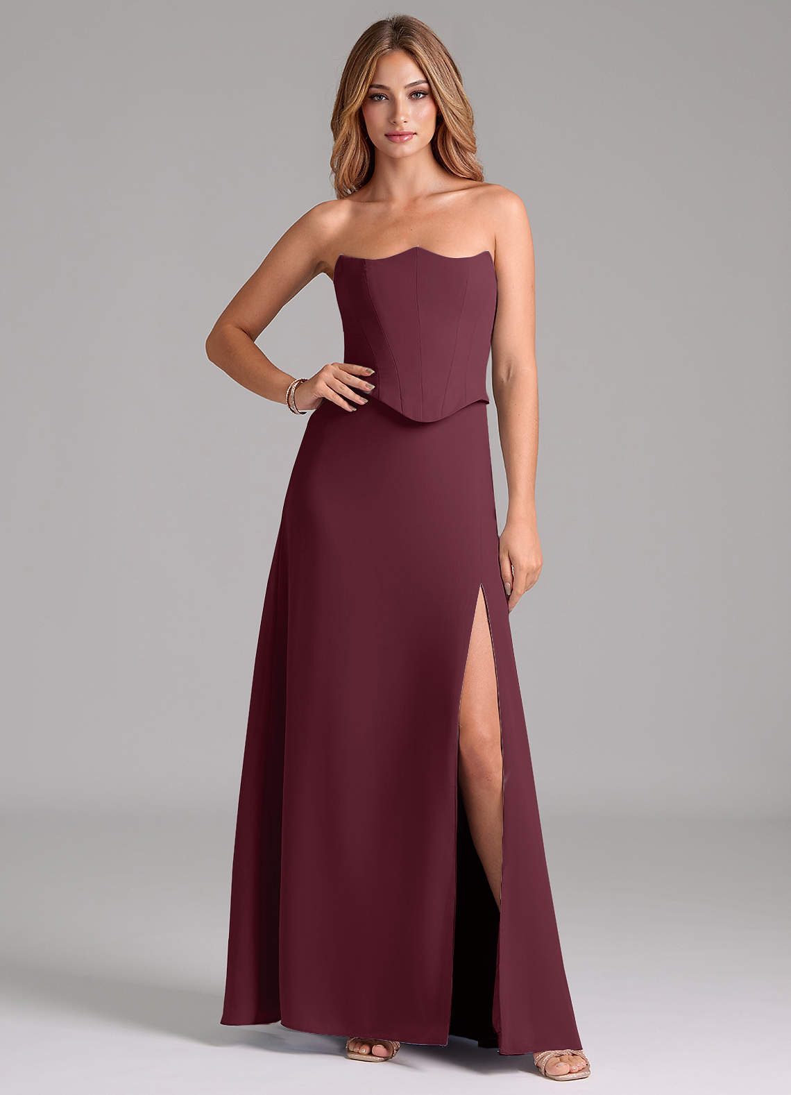 Azazie Jenilyn At-home Try On Dresses Cabernet A-Line Strapless Chiffon Dress image1