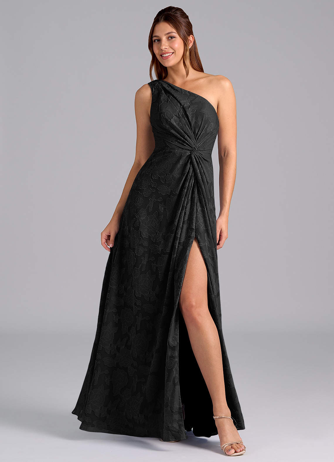 Azazie Brooke Bridesmaid Dresses Black A-Line One Shoulder Floral Burnout Dress image1